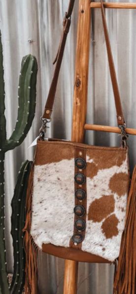 Tan Cowhide + Soft Leather Crossbody Bag W/Concho Detail