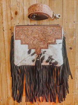 Black Cowhide Fringe Tassel W/Speckle Detail Bag