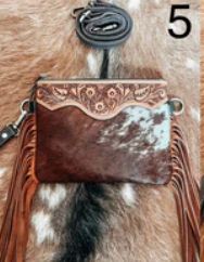 Tooled Leather Cowhide Small Brown Tassel Clutch/Crossbody