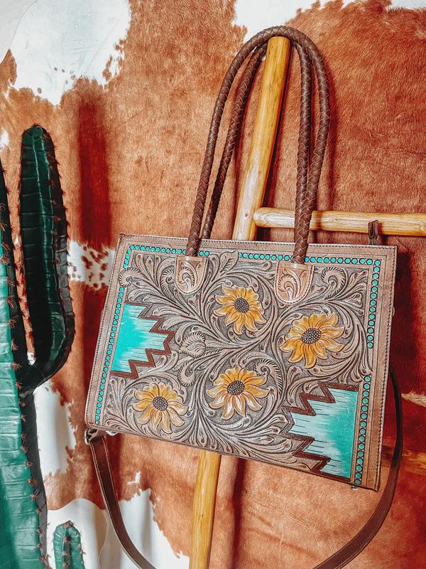 Tooled Leather Sunflower Turquoise Aztec Tote/ Crossbody Bag