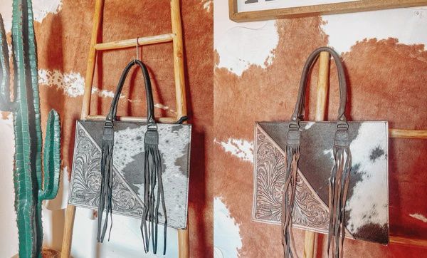 Cowhide + Tooled Leather Tote Crossbody Bag (Brown)