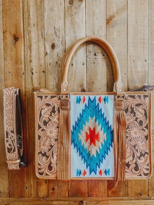 Blue, Red + Beige Tooled Saddle Blanket Aztec Tote Bag