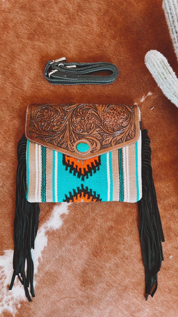 Turquoise + Brown Saddle Blanket W/Turquoise Stone Crossbody Bag