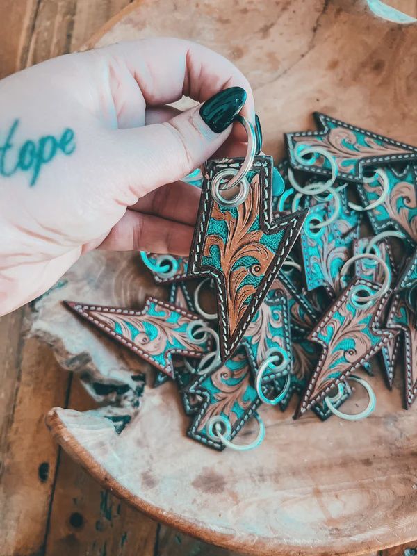 Turquoise Tooled Lightning Bolt Keyring