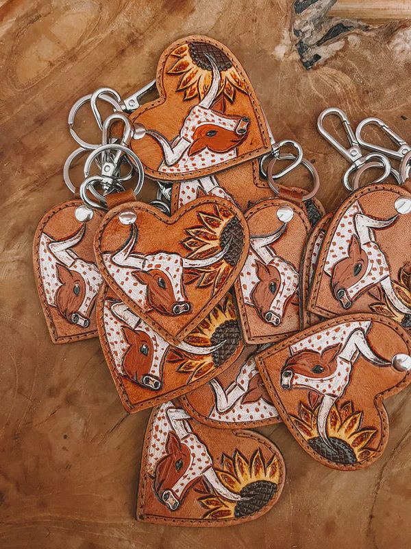 Steer + Sunflower Leather Heart Keyring