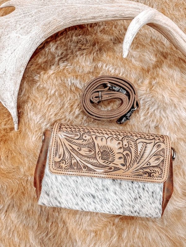 Tan + Tooled Leather Crossbody Bag.