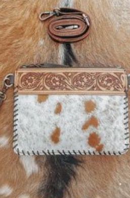 Cowhide + Tooled Leather Stitched Clutch/ Crossbody Bag