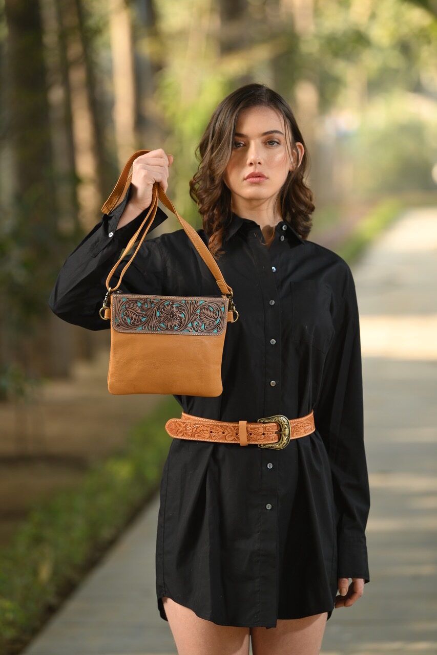 Tooling Leather Hand Carved Clutch Bag with Turquoise Base