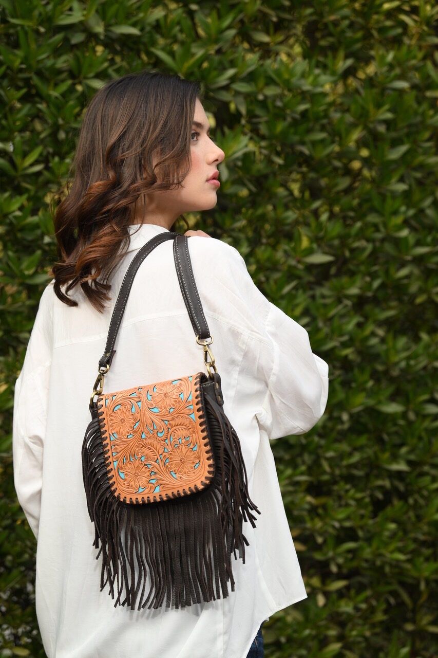 Tooling Leather Hand Carved Flap Sling Bag with Turquoise Base