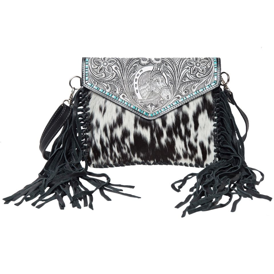 Tooling Leather Cowhide Flap Bag with Horse Motif and Turq Paint Highlight