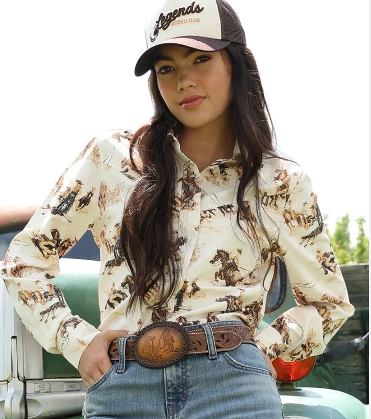 Womens Cruel Denim Cowboy Scene Button Down Shirt