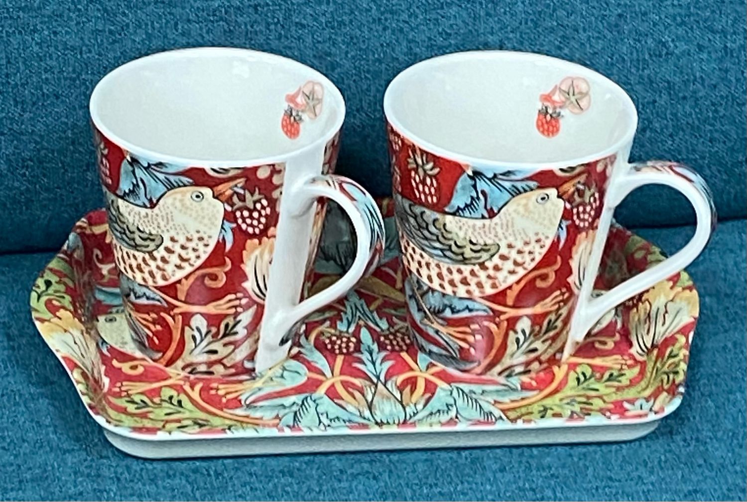 Morris &amp; Co Strawberry Thief set for Two Mugs &amp; Sandwich Tray