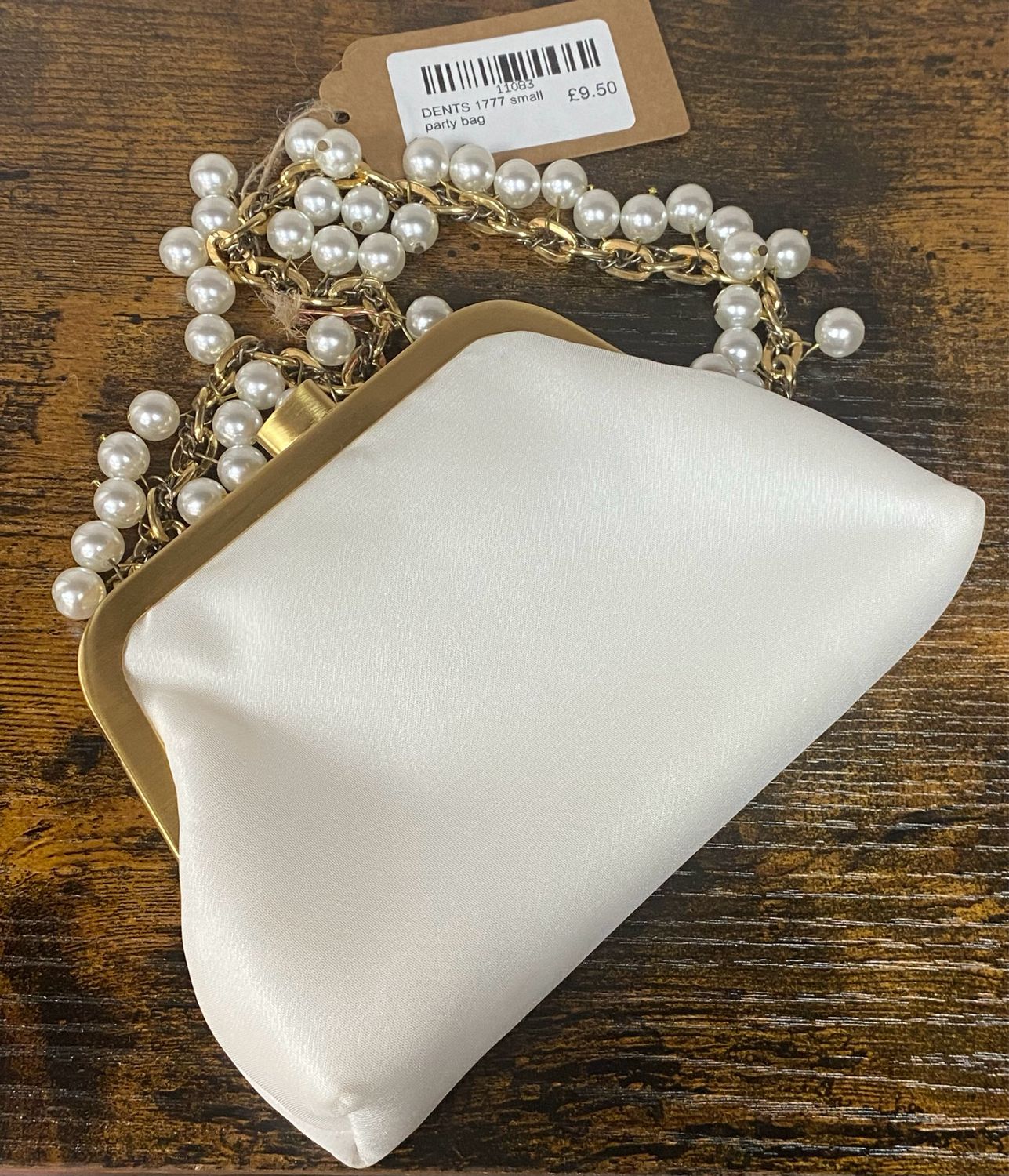 DENTS 1777 small party bag satin fabric &amp; faux pearls on golden chain