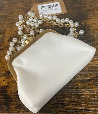DENTS 1777 small party bag satin fabric &amp; faux pearls on golden chain