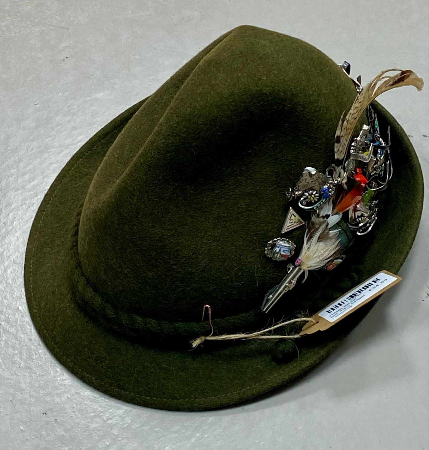 vintage felt hat with many badges / brooches