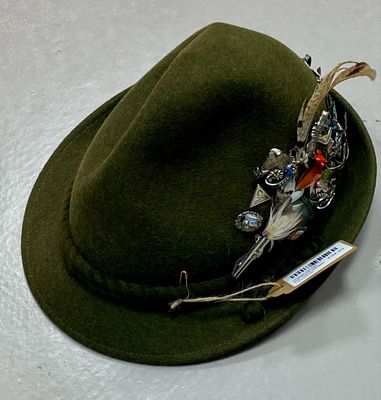 vintage felt hat with many badges / brooches