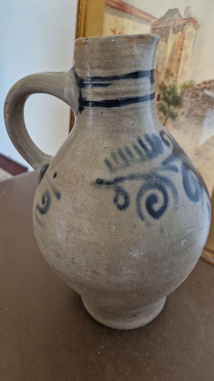 1850 12&quot; ANTIQUE STONEWARE COBALT BLUE ORCHID FLOWER DESIGN ON OVOID JUG WATER PITCHER OLD FARM POTTERY SALT GLAZED
