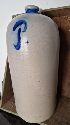 HUGE 18 1/2&quot; ANTIQUE STONEWARE OIL JUG COBALT BLUE FLASK BOTTLE POTTERY CROCK JAR OLD SALT GLAZED