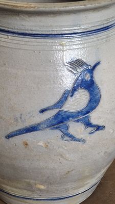 1800 ANTIQUE STONEWARE COBALT BLUE INCISED BIRD &amp; FLOWER ON WATER COOLER CROCK POT OLD SALT GLAZED POTTERY JAR