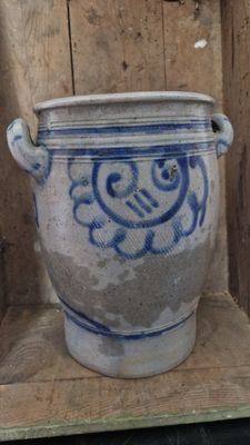 EARLY 1800 LARGE 11&quot; ANTIQUE 2 GALLON COBALT BLUE STONEWARE CROCK POTTERY JAR POT BEAUTIFUL FLORAL DESIGN