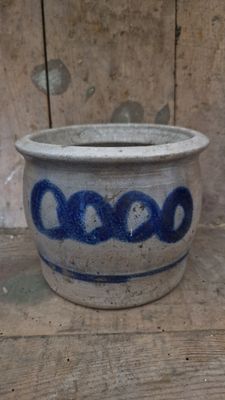 ANTIQUE SMALL STONEWARE BUTTER CROCK FOR TABLE USE POT COBALT BLUE POTTERY JAR SALT GLAZED OLD