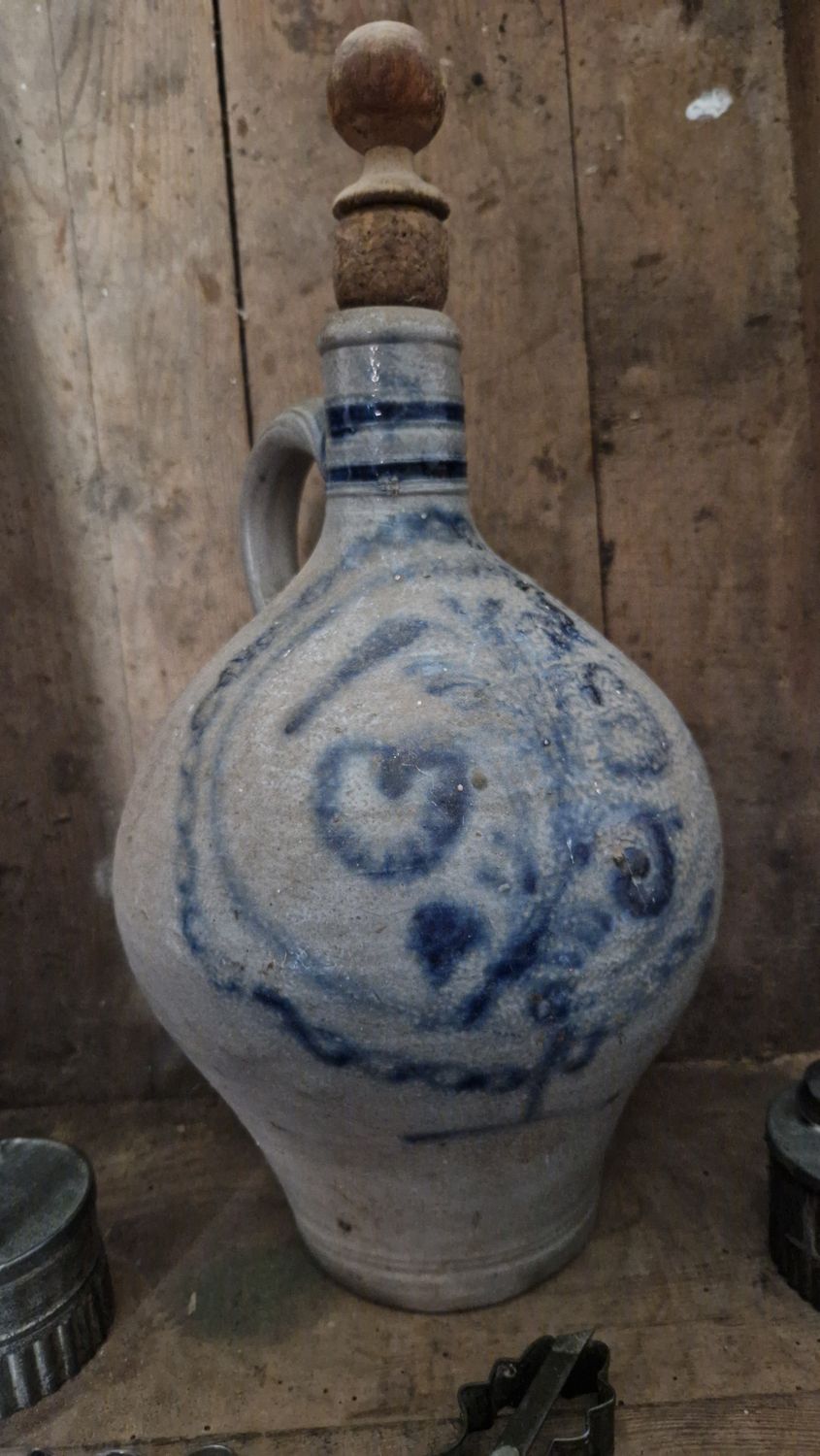 1830 RARE ANTIQUE OVOID JUG WITH FRAMED COBALT BLUE RICH FLOWER DESIGN PRIMITIVE OLD FOLK ART ATTIC CONDITION