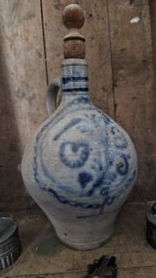1830 RARE ANTIQUE OVOID JUG WITH FRAMED COBALT BLUE RICH FLOWER DESIGN PRIMITIVE OLD FOLK ART ATTIC CONDITION