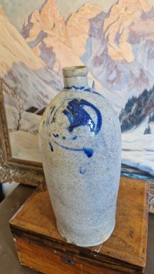 CA 1860 LARGE ANTIQUE STONEWARE JUG COBALT BLUE FLASK BOTTLE FARM PRIMITIVE CROCK JAR RARE PIECE