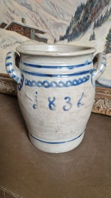 COBALT BLUE DATED 1836 ANTIQUE POTTERY CROCK OLD STORAGE JAR POT STRIPES &amp;  FLOWER OLD FARM POTTERY SALT GLAZED