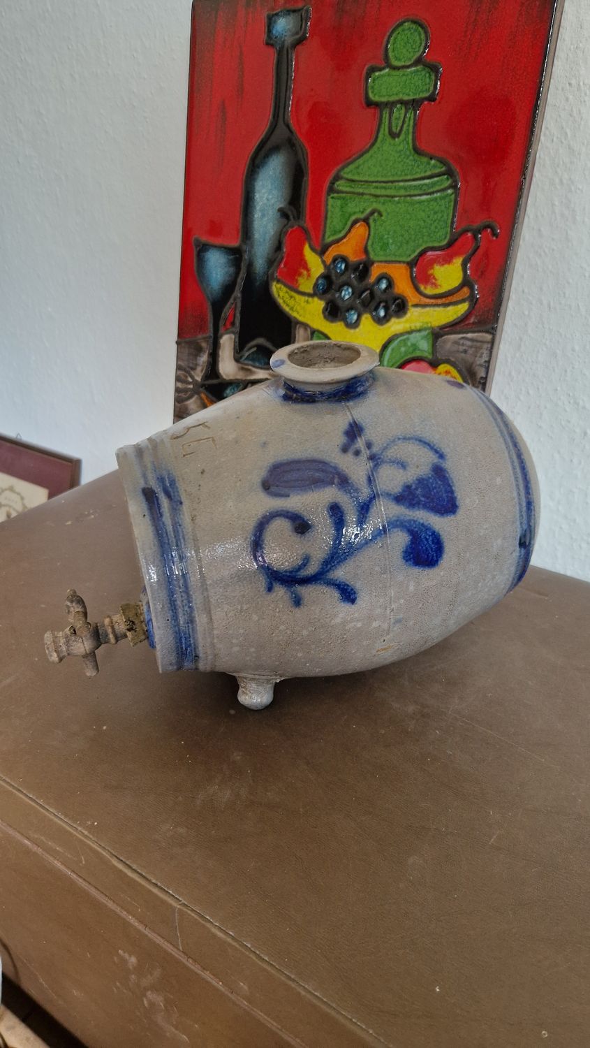 ANTIQUE 1800s BRANDY KEG PIG JUG BARREL COBALT BLUE FLOWERS STONEWARE OLD FARM POTTERY SALT GLAZED