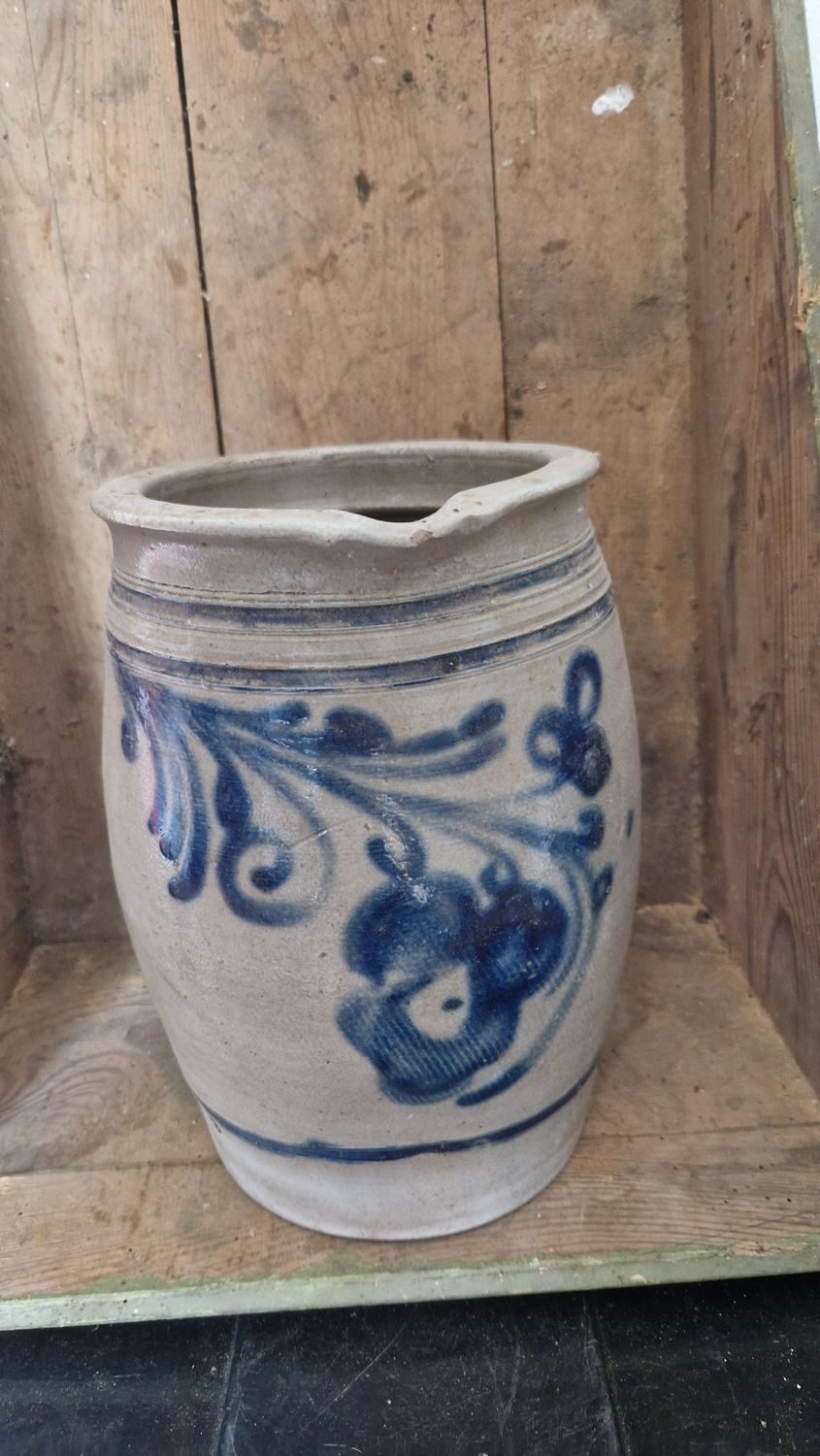 1850 RARE LARGE 1 1/2 GAL MILK POT WITH RICH ORCHID DESIGN HANDLE AND SPOUT SALT GLAZED PITCHER JUG