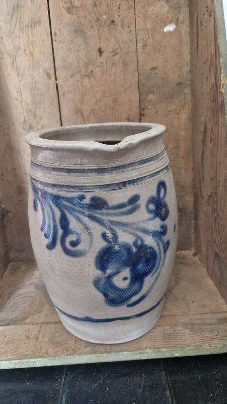 1850 RARE LARGE 1 1/2 GAL MILK POT WITH RICH ORCHID DESIGN HANDLE AND SPOUT SALT GLAZED PITCHER JUG