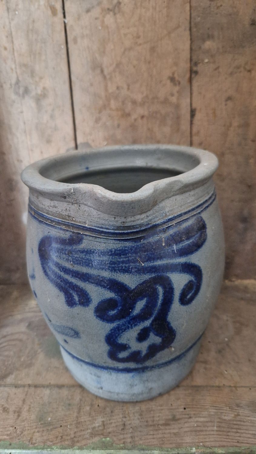 CHARMING 1880 RARE 3 QUARTS MILK POT WITH RICH ORCHID DESIGN HANDLE AND SPOUT SALT GLAZED
