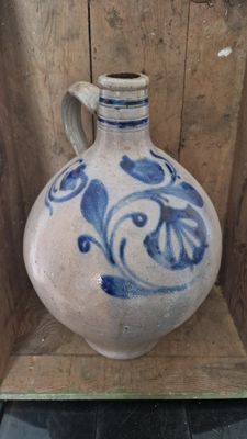 HUGE 1850 ANTIQUE 2 GAL STONEWARE RICH COBALT BLUE FLOWER DESIGN OVOID JUG FOLK ART FARM POTTERY SALT GLAZED