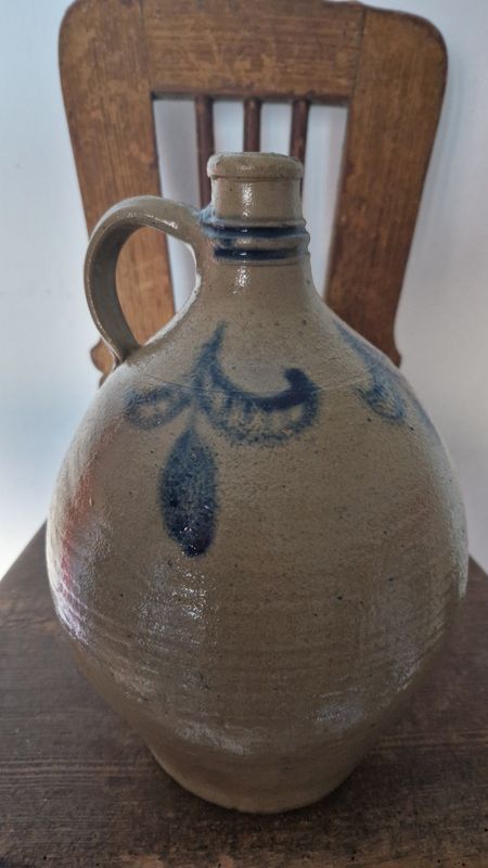 EARLY TO MID 1800 STONEWARE COBALT BLUE PRUNE &amp; LEAVES DESIGN ON ANTIQUE OVOID PLUM BRANDY JUG SALT GLAZED