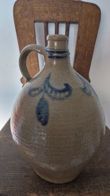 EARLY TO MID 1800 STONEWARE COBALT BLUE PRUNE &amp; LEAVES DESIGN ON ANTIQUE OVOID PLUM BRANDY JUG SALT GLAZED