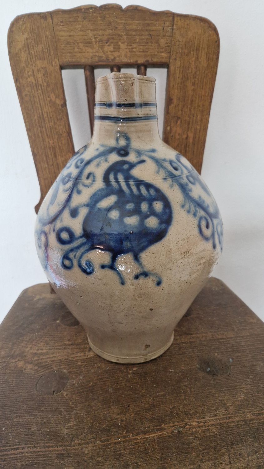 COBALT BLUE BIRD AND RICH FLOWERS DESIGN ON ANTIQUE STONEWARE OVOID JUG PITCHER 1 GALLON SALT GLAZED
