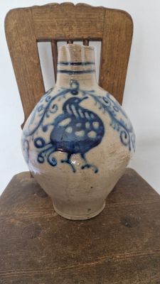 COBALT BLUE BIRD AND RICH FLOWERS DESIGN ON ANTIQUE STONEWARE OVOID JUG PITCHER 1 GALLON SALT GLAZED