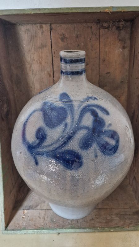 HUGE 3 GAL 1850 ANTIQUE STONEWARE BALL SHAPED OVOID JUG WITH COBALT BLUE TULIP FLOWERS AND FLORALS DESIGN SALT GLAZED