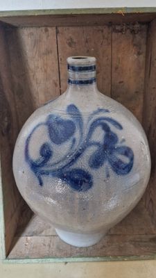 HUGE 3 GAL 1850 ANTIQUE STONEWARE BALL SHAPED OVOID JUG WITH COBALT BLUE TULIP FLOWERS AND FLORALS DESIGN SALT GLAZED