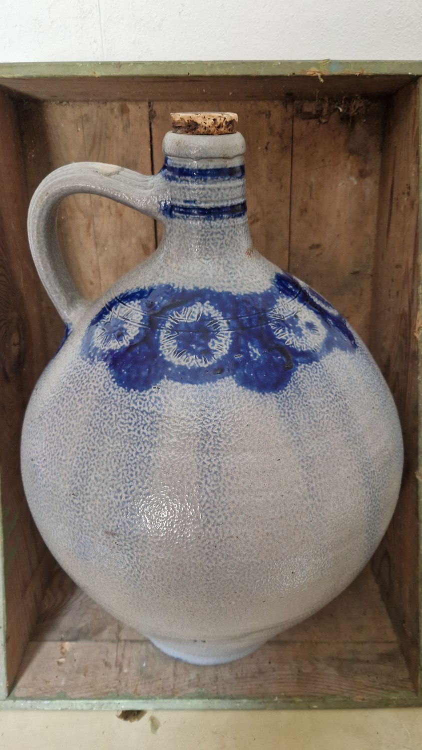 HUGE 3 GAL 1850 ANTIQUE STONEWARE MOONSHINE BRANDY OVOID JUG WITH COBALT BLUE INCISED STARS SALT GLAZED