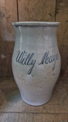 COBALT BLUE INCISED WILLY MAYER ON ANTIQUE STONEWARE MILK / CREAM PITCHER OLD FARM POTTERY CROCK POT JUG