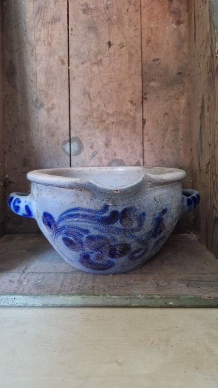 1880 RARE MILK PAN WITH BEAUTIFUL RICH COBALT ORCHID DESIGN ON BOTH SIDES 2 HANDLES AND SPOUT