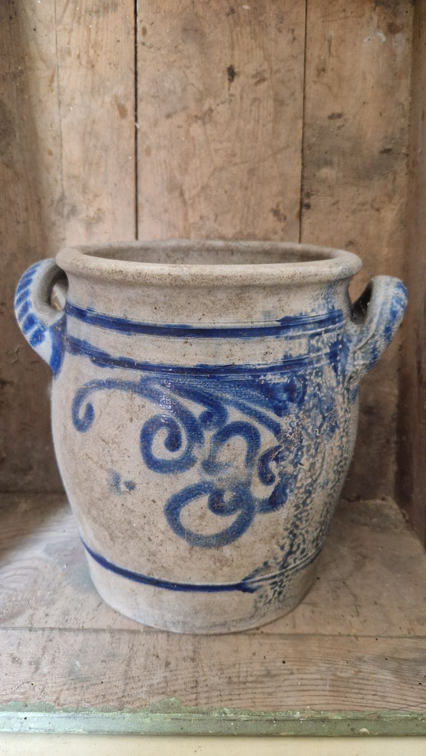 1 GAL ANTIQUE STONEWARE CROCK COBALT BLUE FLOWERS ON BOTH SIDES POTTERY CROCK JAR OLD SALT GLAZED