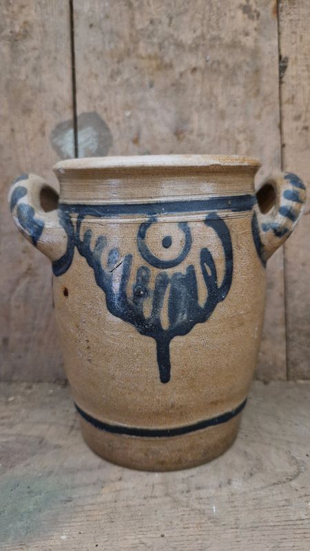 VERY RARE 1800 ANTIQUE STONEWARE JAM CROCK FOR TABLE USE POT COBALT BLUE POTTERY JAR