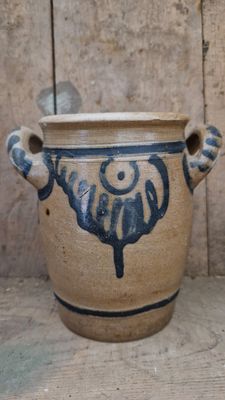 VERY RARE 1800 ANTIQUE STONEWARE JAM CROCK FOR TABLE USE POT COBALT BLUE POTTERY JAR