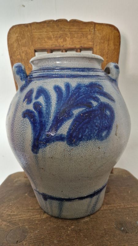 LATE 1800s RICH FLORAL DESIGNS ON 2G ANTIQUE STONEWARE WATER COOLER OVOID CROCK POT OLD SALT GLAZED POTTERY JAR