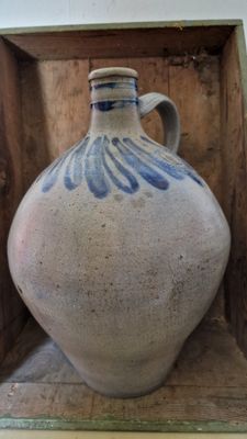 HUGE 2 GAL 1850 ANTIQUE STONEWARE OVOID JUG WITH WONDERFUL COBALT BLUE DESIGN AND BEAUTIFULLY COMBED SALT GLAZED