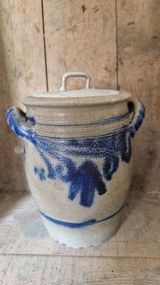 VERY RARE COBALT BLUE MUSHROOM DESIGN ON ANTIQUE 1850s STONEWARE CROCK POT POTTERY JAR SALT GLAZED
