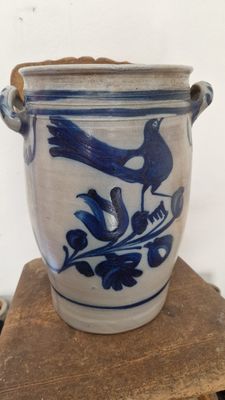 1850 HUUUGE 7 GAL ANTIQUE STONEWARE CROCK COBALT BLUE  BIRD &amp; HUGE FLOWER DESIGN JAR PRIMITIVE SALT GLAZED
